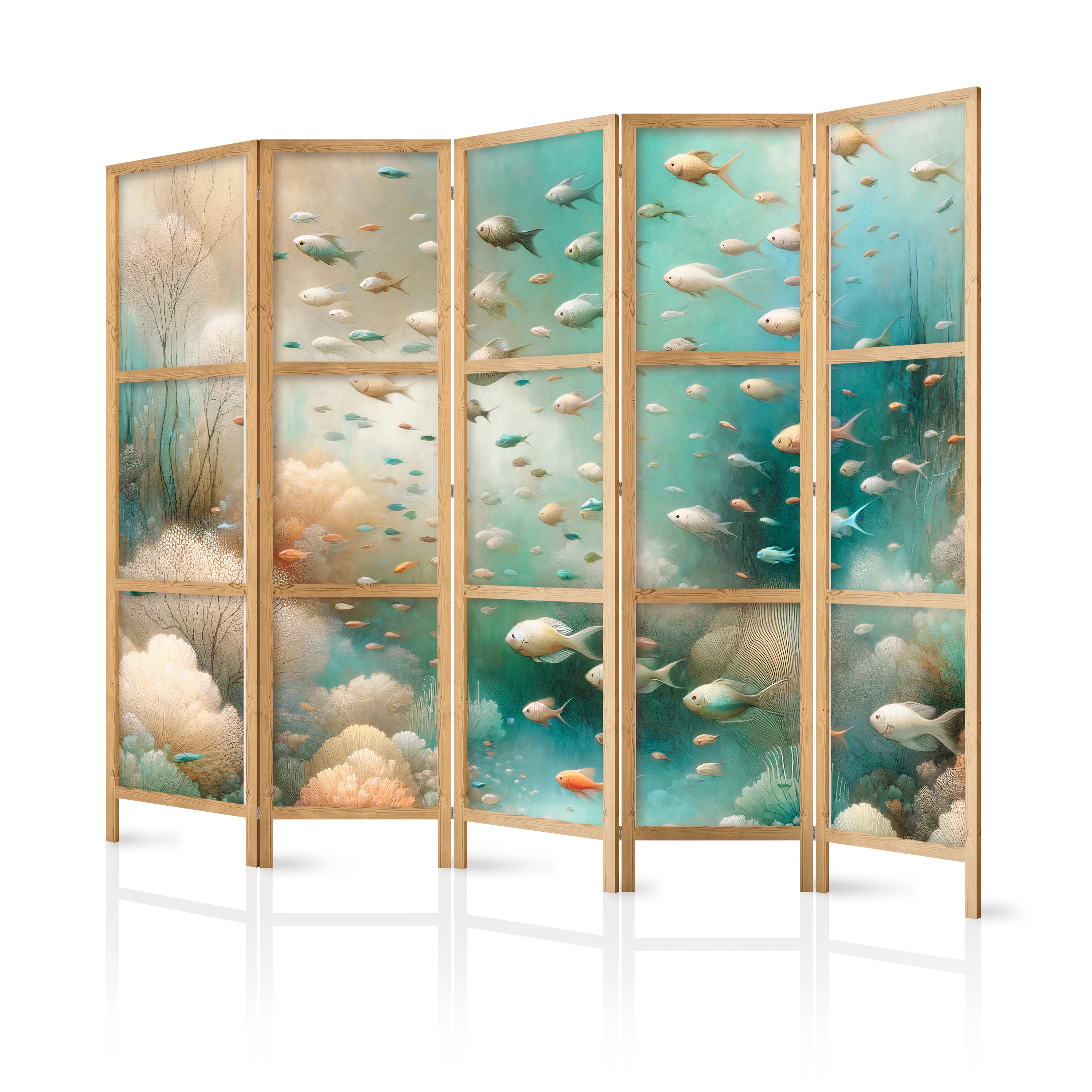 Japanese Room Divider - Spectacular Underwater Landscape - Fish in the Underwater World in Colors of Turquoise Blue Beige and Delicate Orange