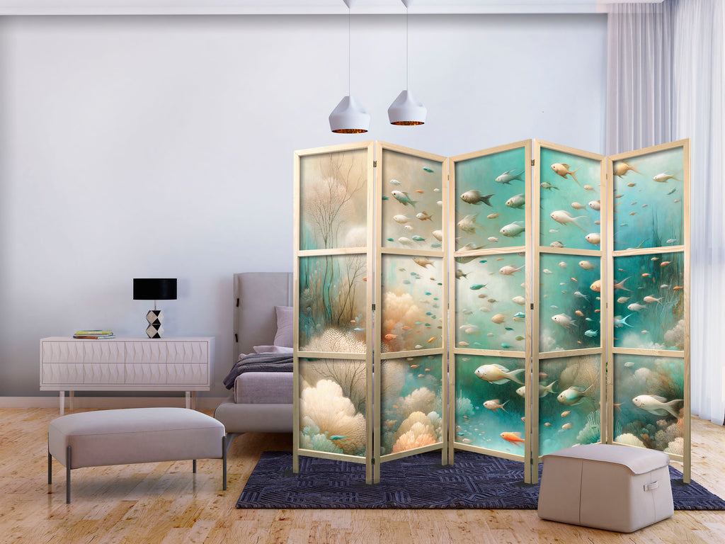 Japanese Room Divider - Spectacular Underwater Landscape - Fish in the Underwater World in Colors of Turquoise Blue Beige and Delicate Orange