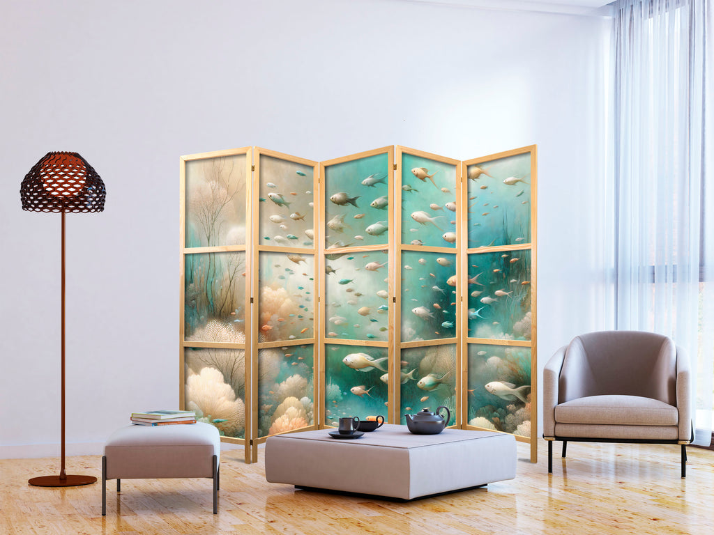 Japanese Room Divider - Spectacular Underwater Landscape - Fish in the Underwater World in Colors of Turquoise Blue Beige and Delicate Orange