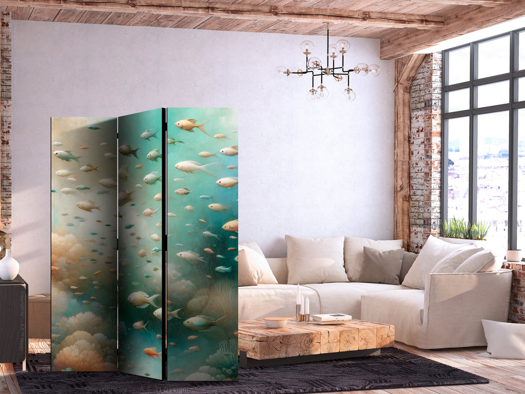 Room Divider - Underwater Landscape with Fish in Turquoise Blue Beige and Orange