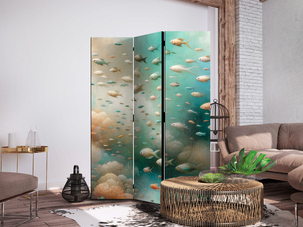 Room Divider - Underwater Landscape with Fish in Turquoise Blue Beige and Orange
