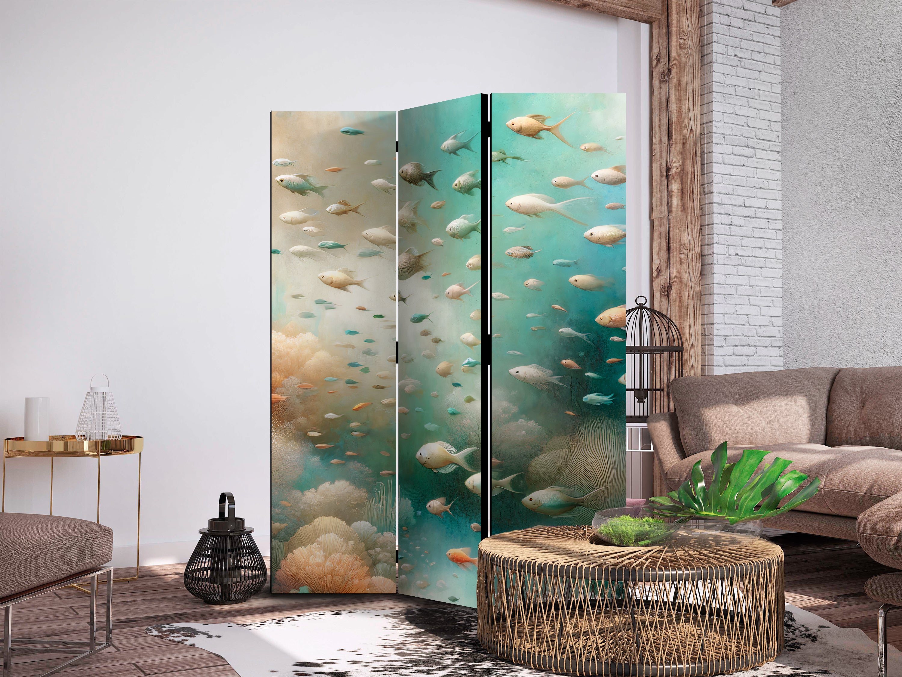 Room Divider - Underwater Landscape with Fish in Turquoise Blue Beige and Orange