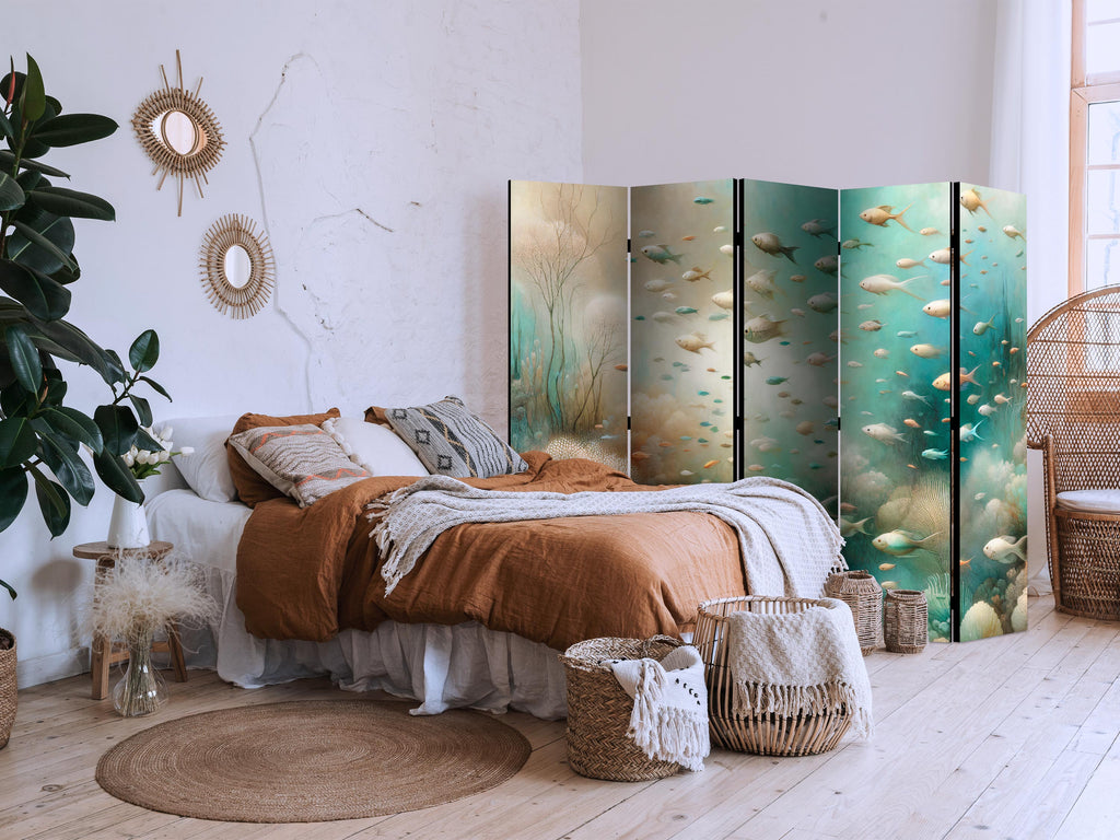 Room Divider - Underwater Landscape with Fish in Turquoise, Beige & Orange