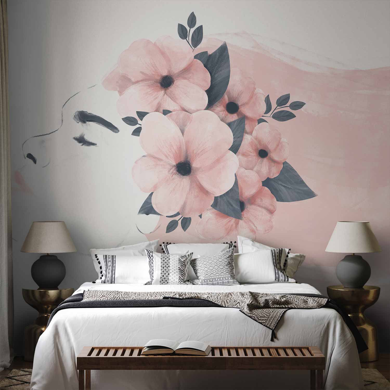 Floral Female Portrait Modern Wall Mural