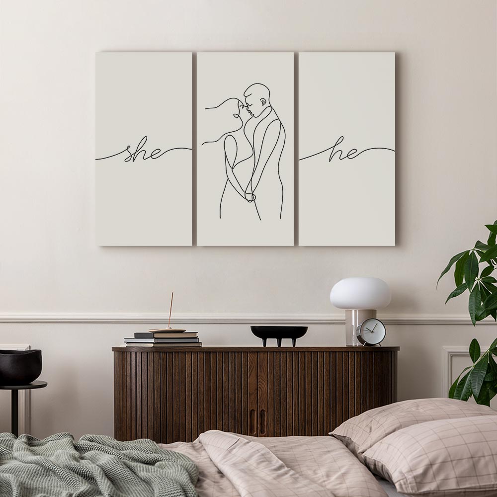 Line Art Couple Love Triptych Canvas Print