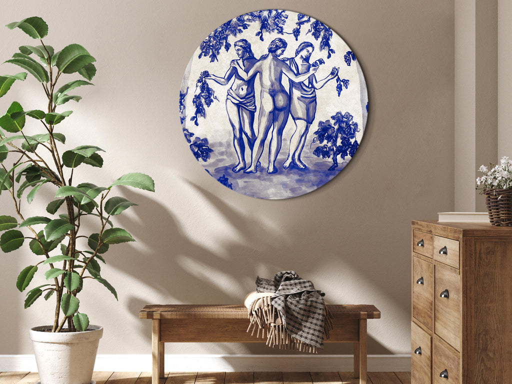 Ancient Vineyard Women Portal Blue Ink Round Canvas Print