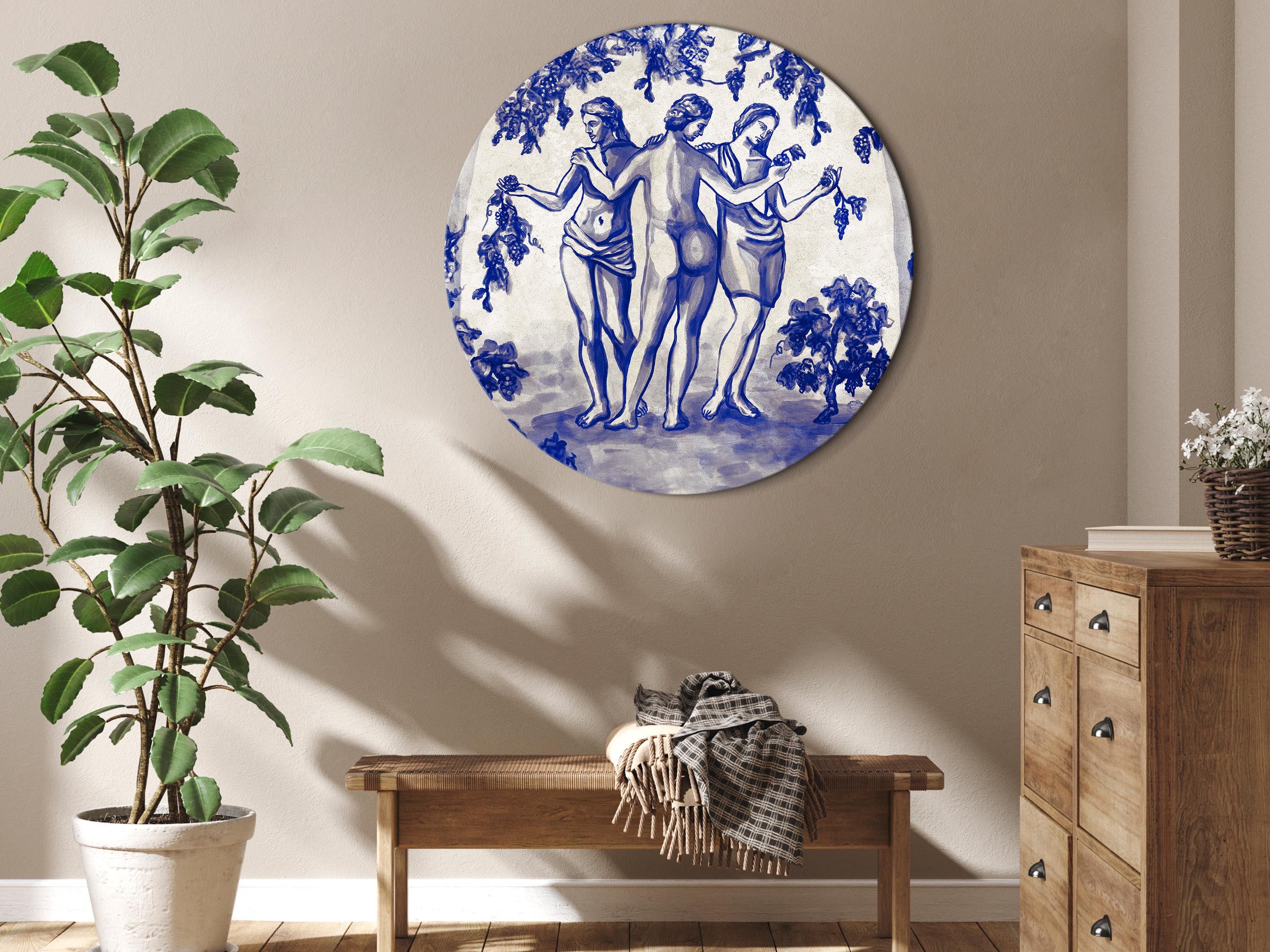 Ancient Vineyard Women Portal Blue Ink Round Canvas Print