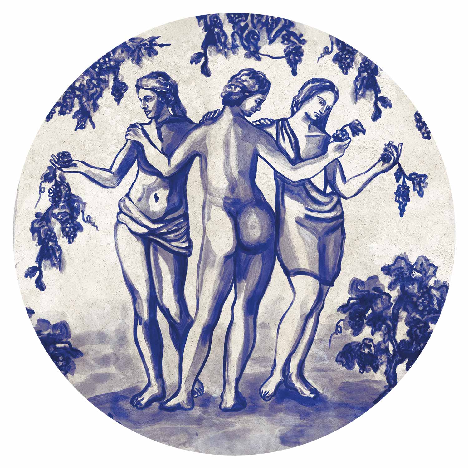 Ancient Vineyard Portal Scene Blue Ink Round Wall Murals