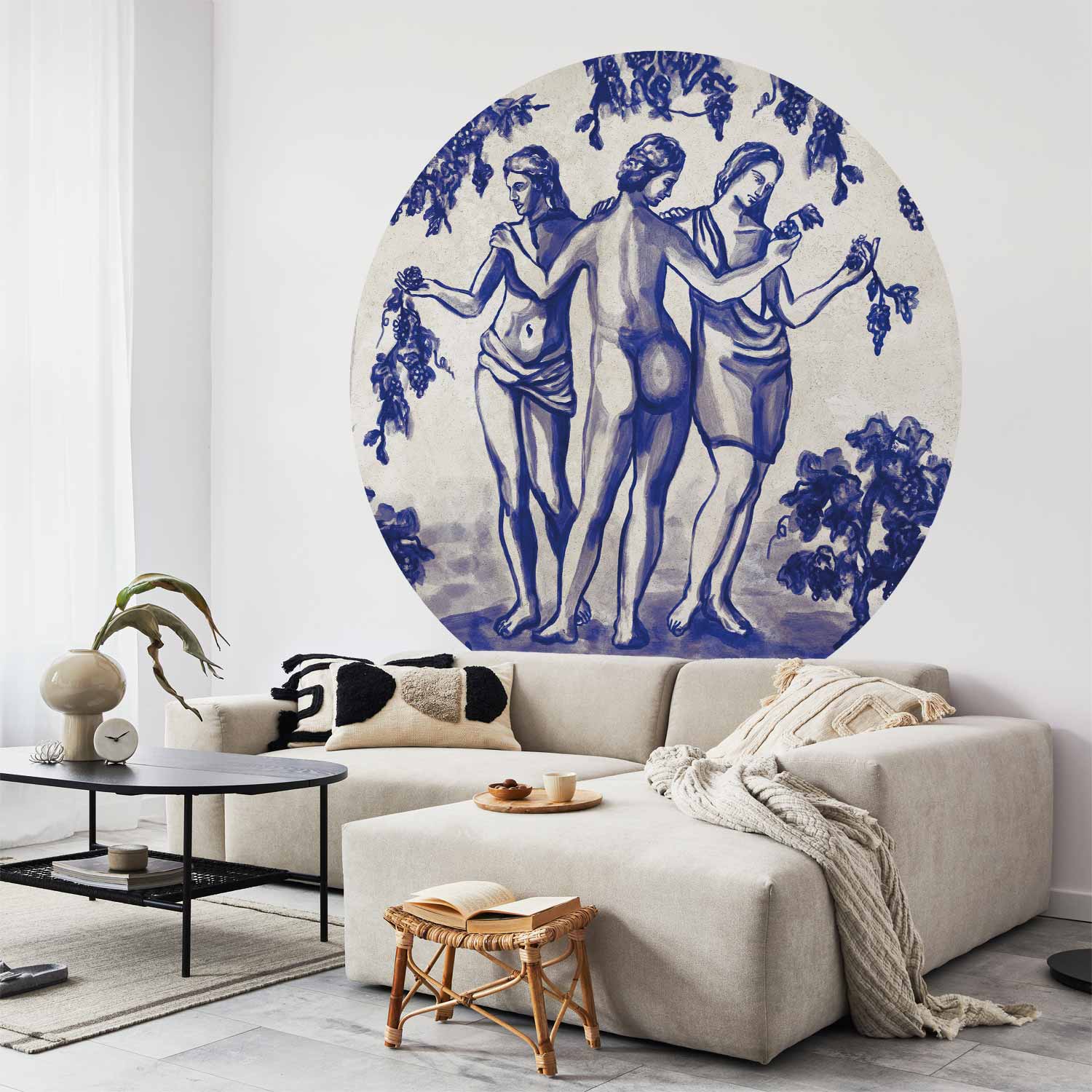 Ancient Vineyard Portal Scene Blue Ink Round Wall Murals