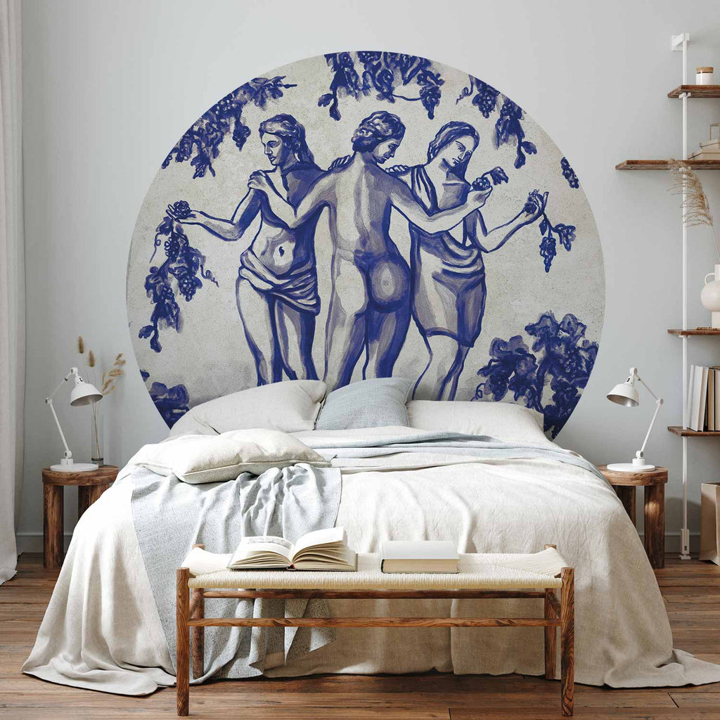 Ancient Vineyard Portal Scene Blue Ink Round Wall Murals