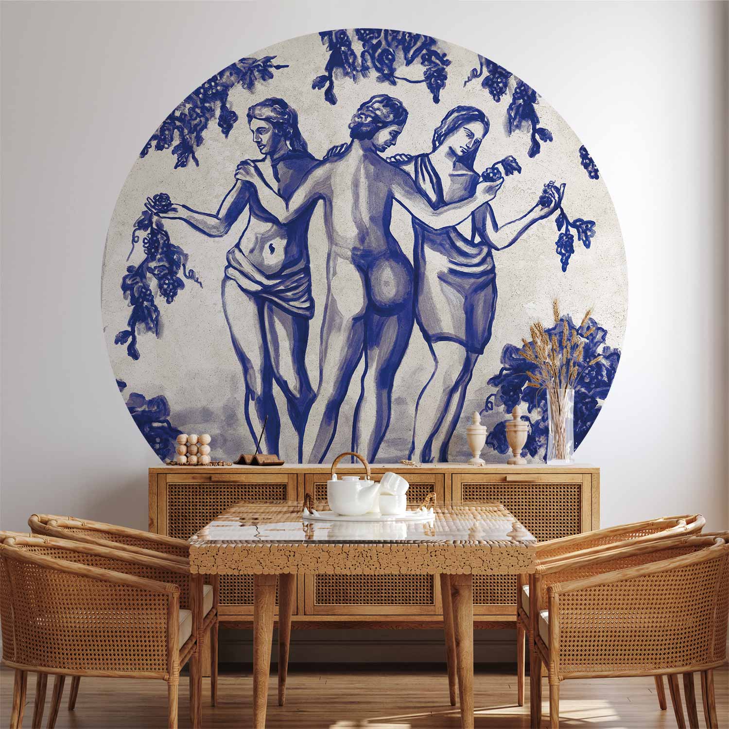 Ancient Vineyard Portal Scene Blue Ink Round Wall Murals