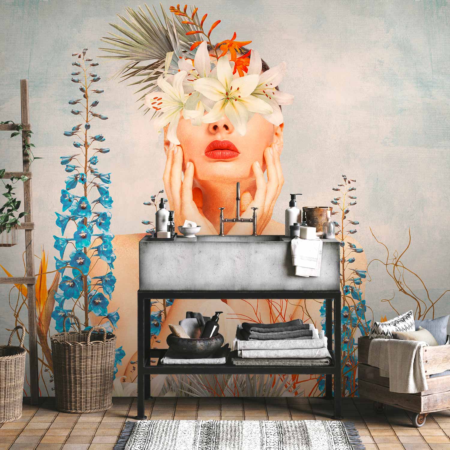 Female Figure Floral Patterned Wall Mural