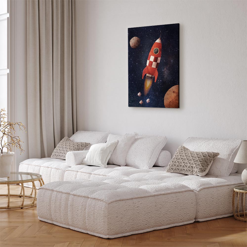 Rocket in Starry Cosmos Vertical Canvas Print
