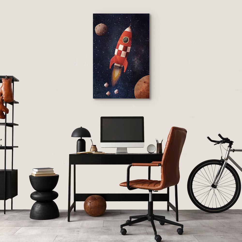 Rocket in Starry Cosmos Vertical Canvas Print