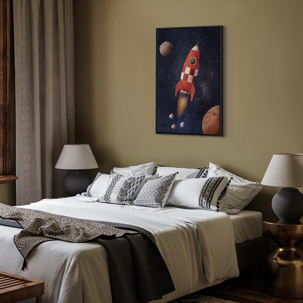 Rocket in Starry Cosmos Vertical Canvas Print