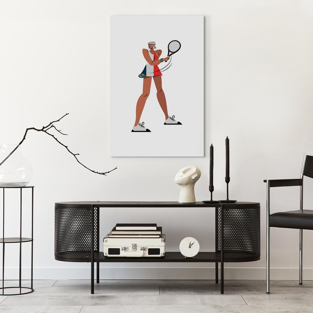 Canvas Print - Tennis Player With a Racket on a Light Background