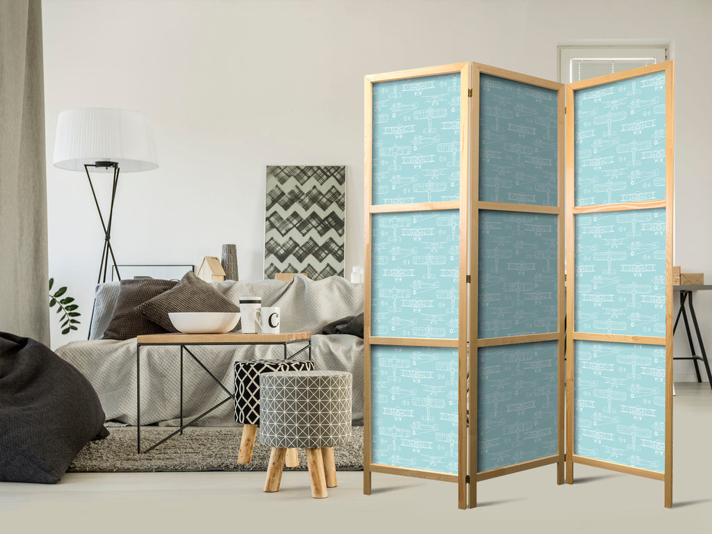 Japanese Room Divider 3-Panel Beige/White Airplane Outline
