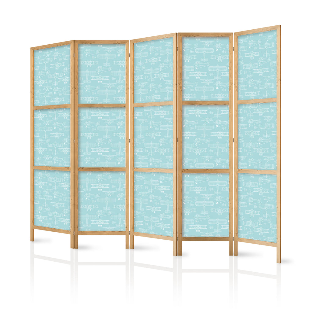 Japanese Room Divider 5-Panel - Airplane Outline on Turquoise