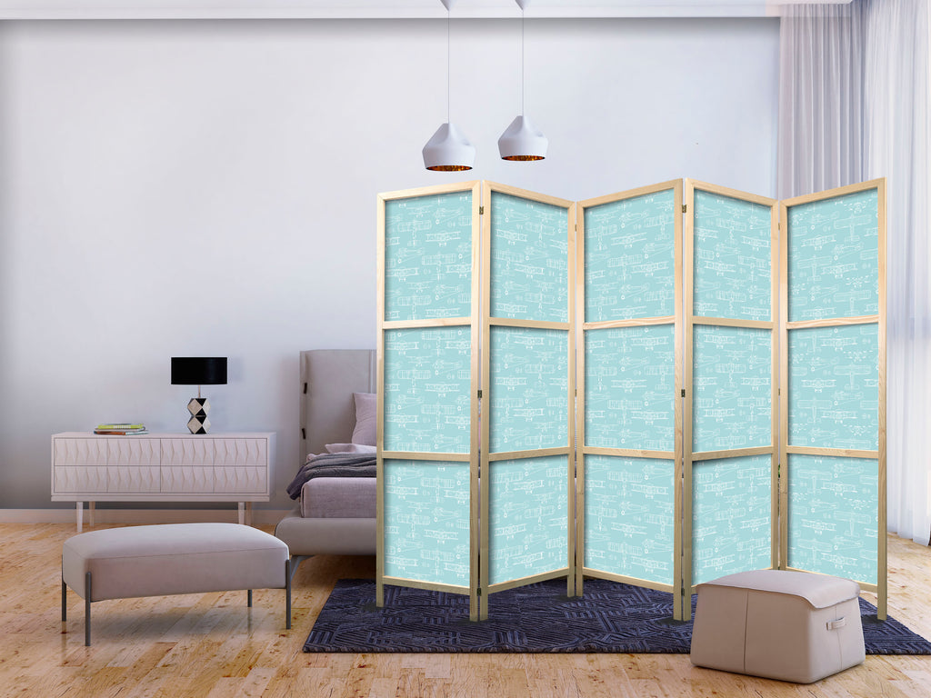 Japanese Room Divider 5-Panel - Airplane Outline on Turquoise