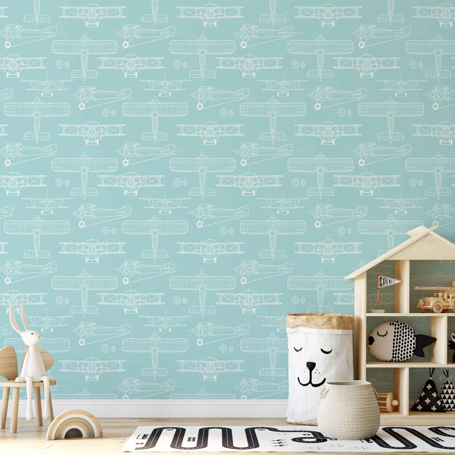 Wallpaper Sketch Airplane Outline on Turquoise Background