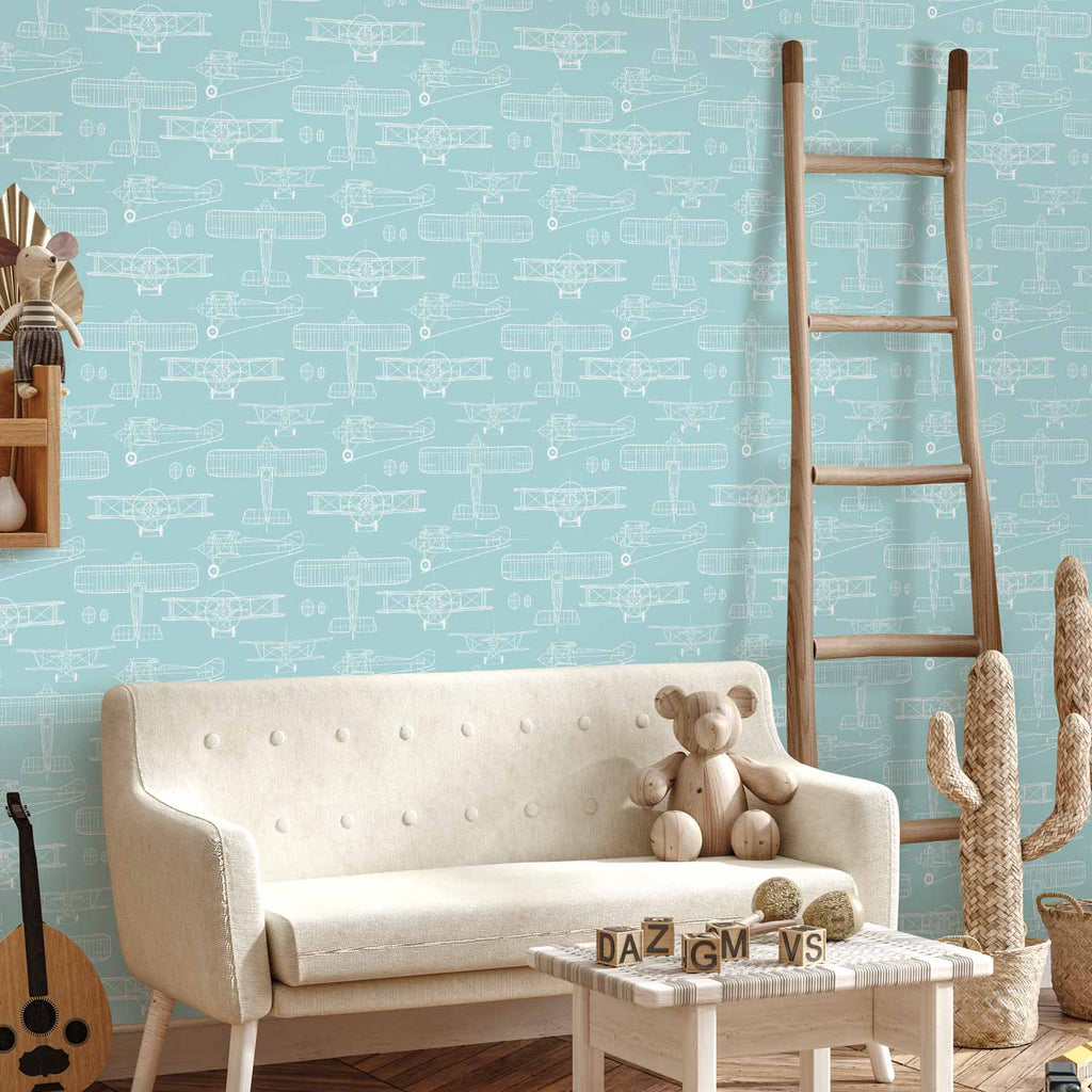 White Airplane Outline Turquoise Wallpaper