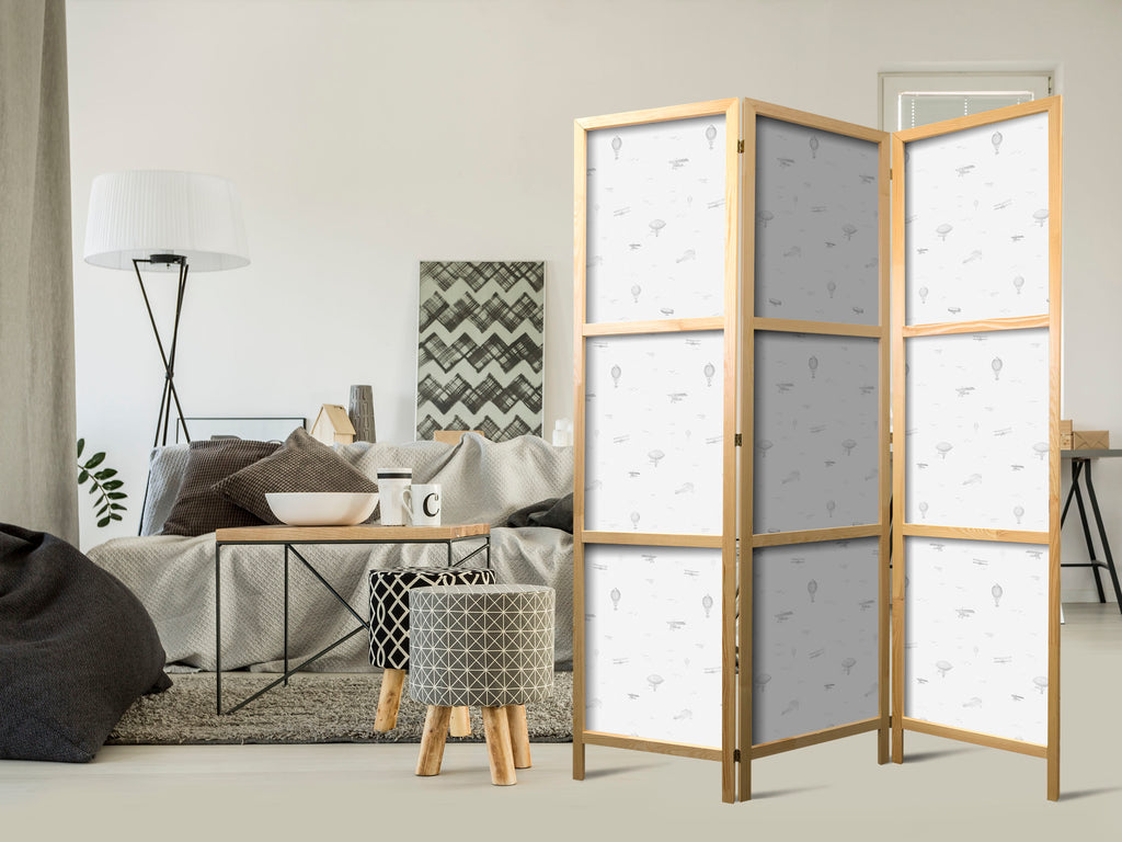 Japanese Room Divider - 3-Panel Screen with Airplane Motif