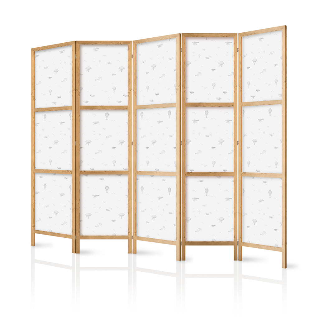Japanese Room Divider - Airplanes and Birds Motif, 5-Panel