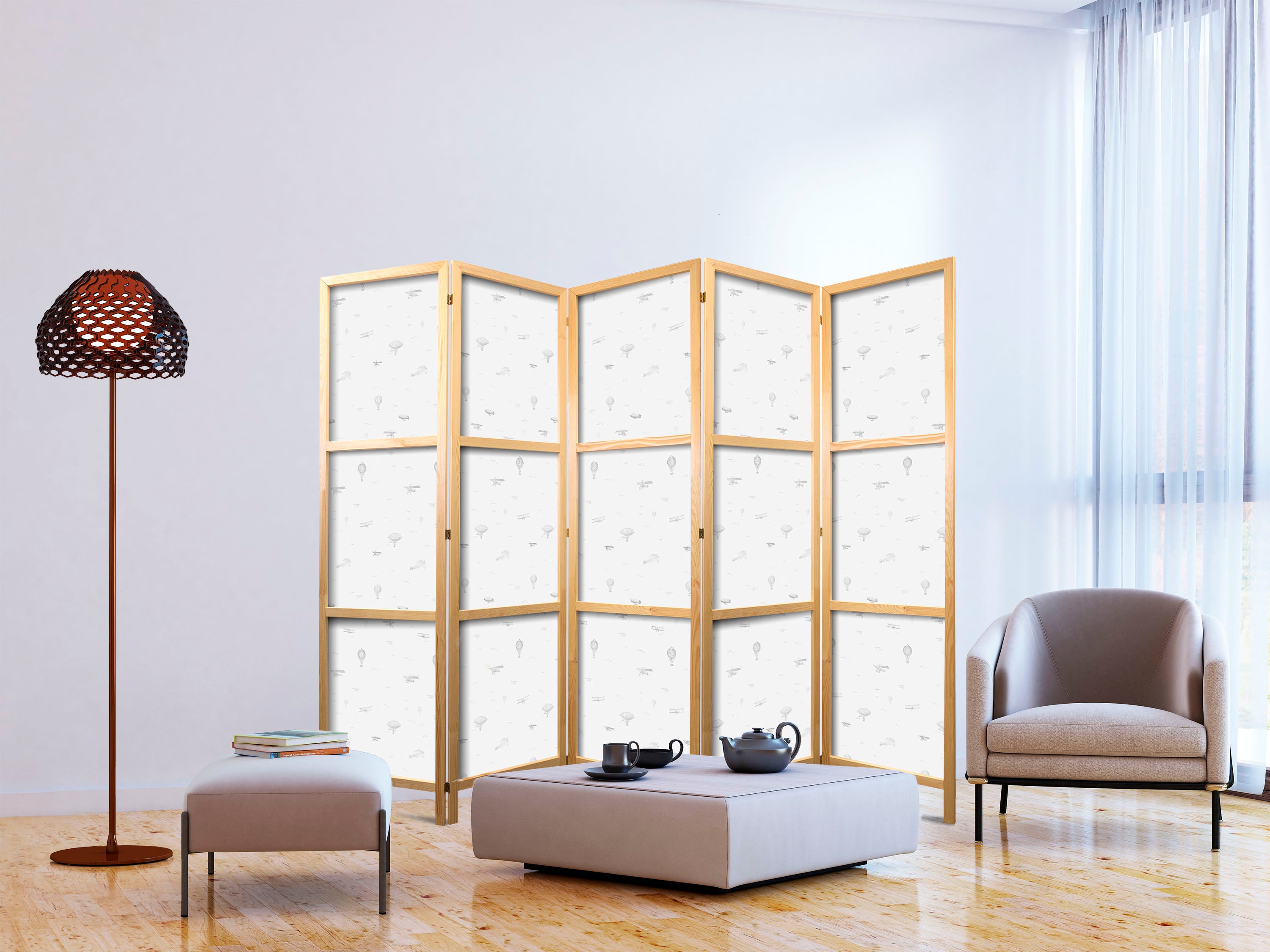 Japanese Room Divider - Airplanes and Birds Motif, 5-Panel