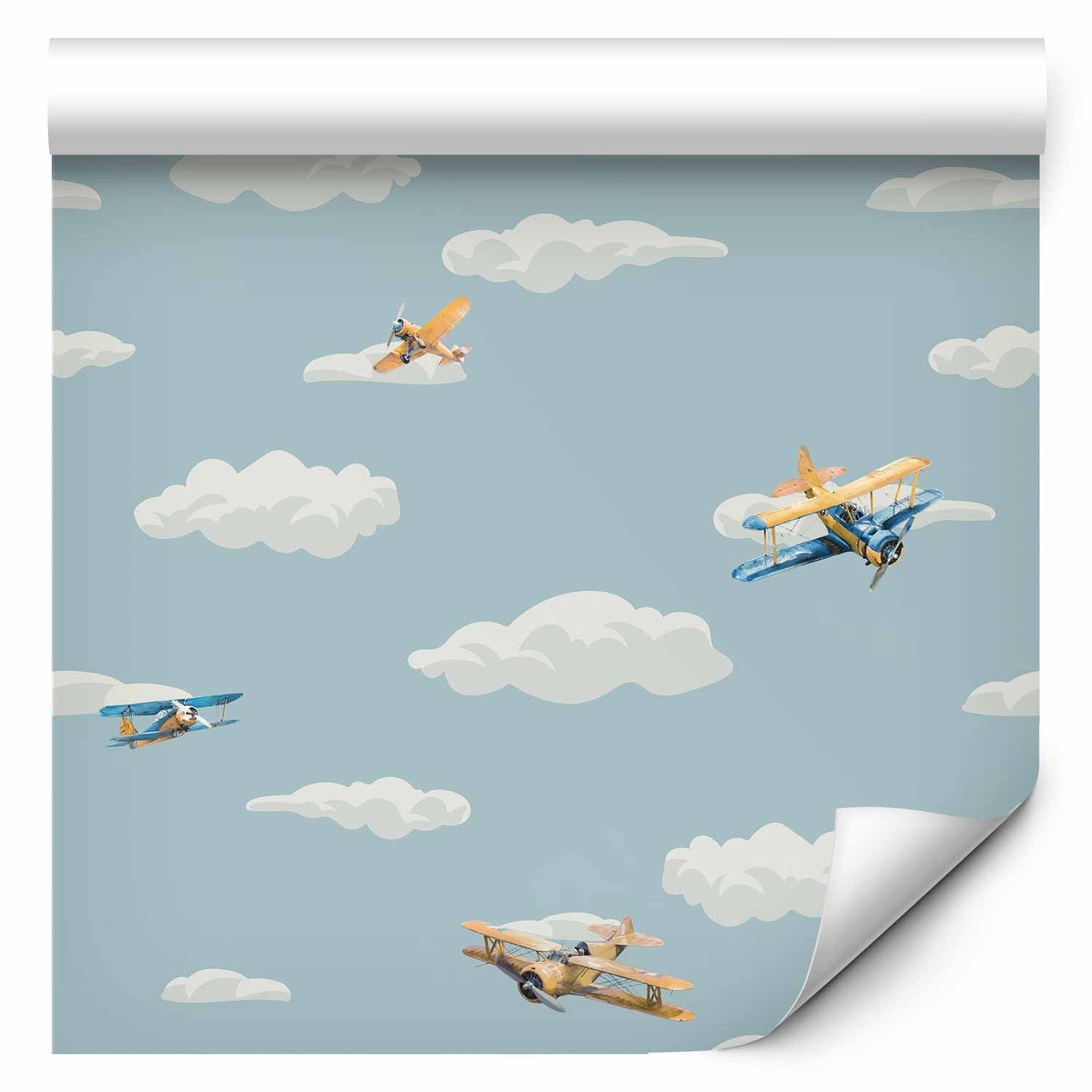 Wallpaper Illustration - Yellow-Blue Airplanes Against a Blue Sky