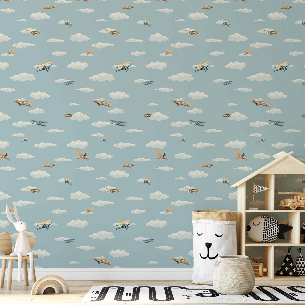 Wallpaper Illustration - Yellow-Blue Airplanes Against a Blue Sky