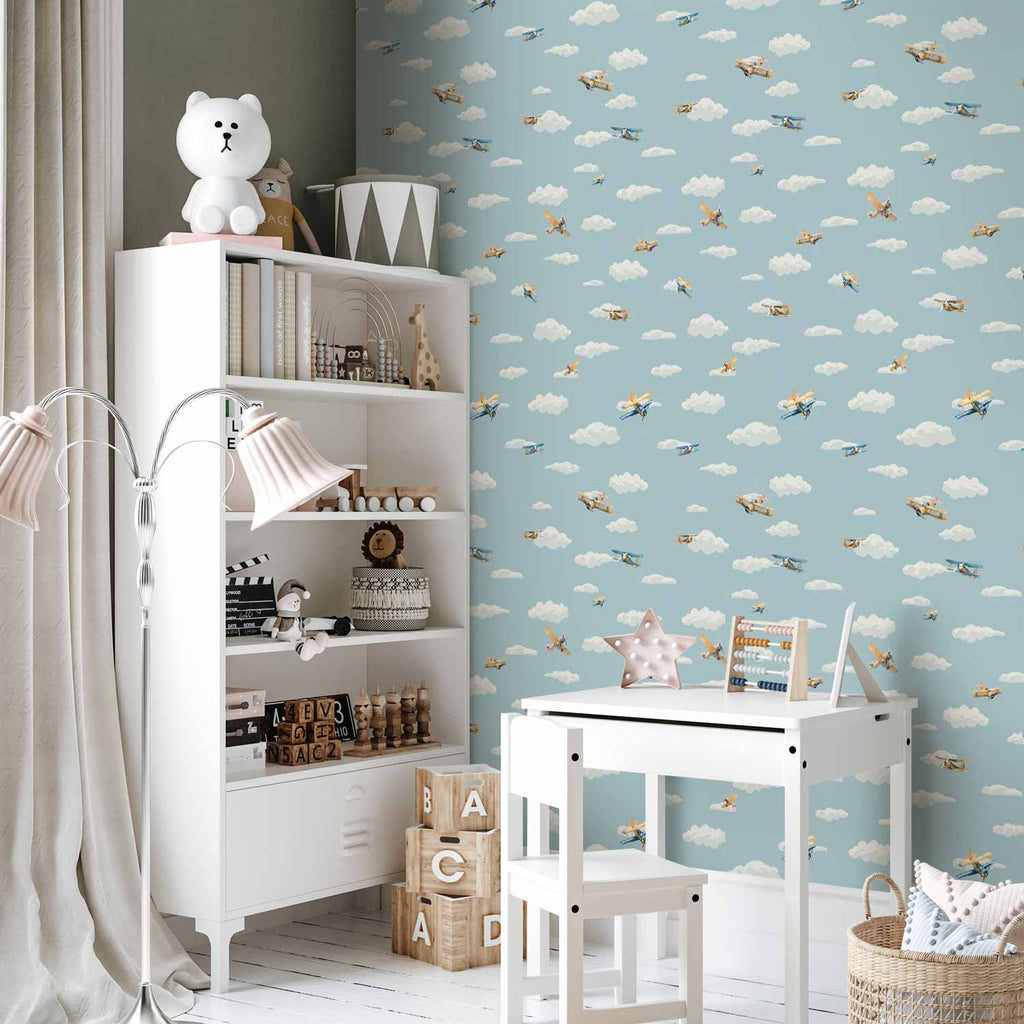 Yellow-Blue Airplanes Blue Sky Children's Wallpaper