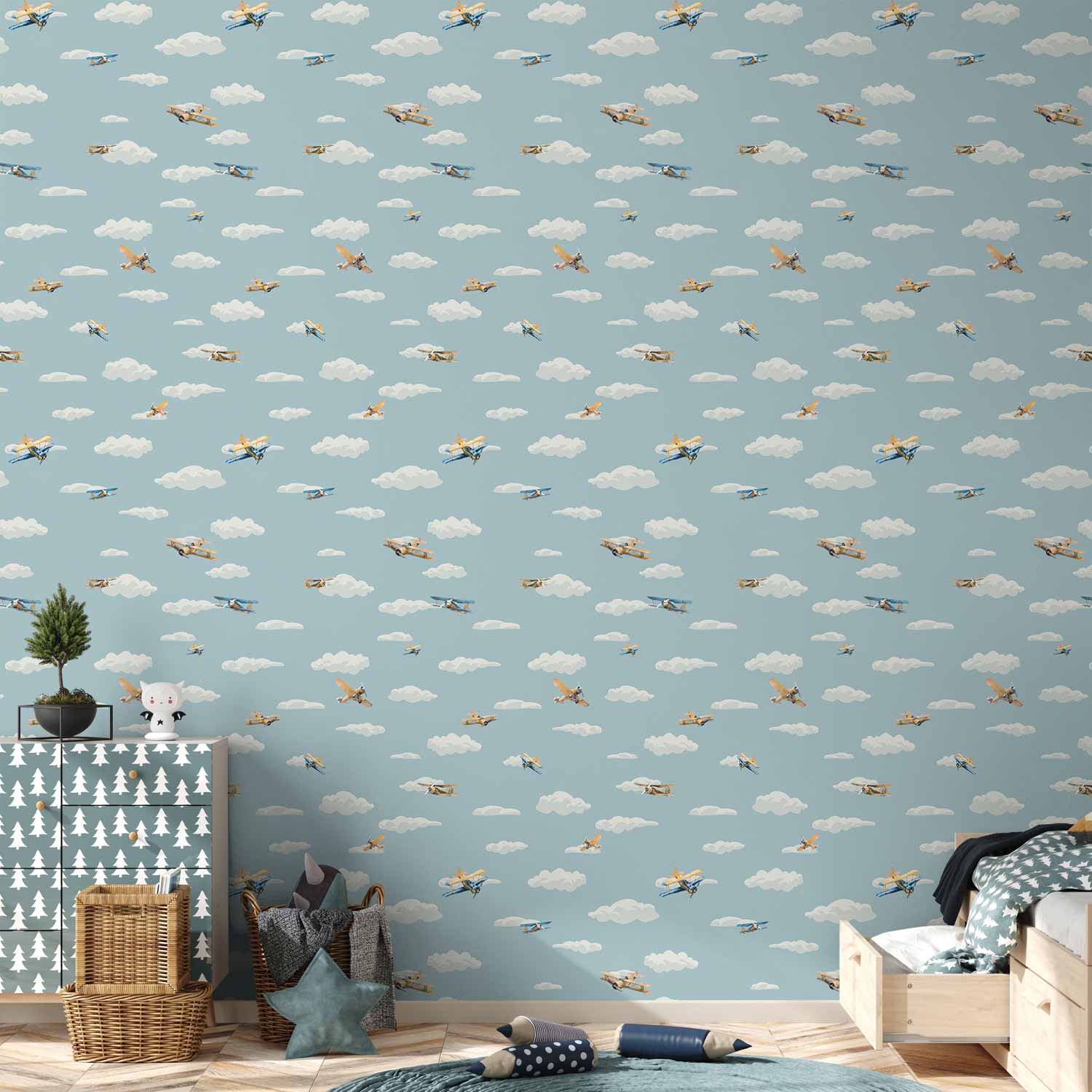 Yellow-Blue Airplanes Blue Sky Children's Wallpaper
