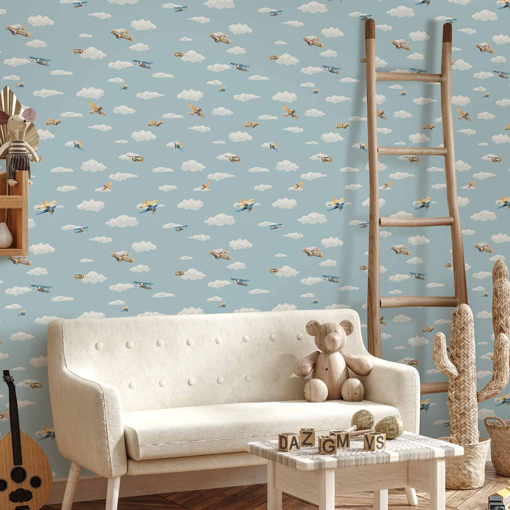 Yellow-Blue Airplanes Blue Sky Children's Wallpaper