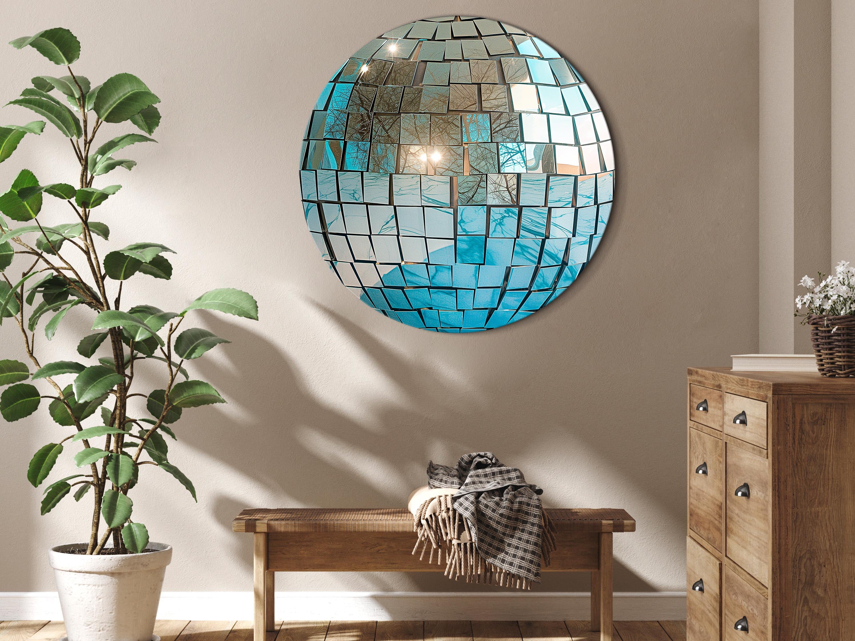 Sky Blue Disco Ball Round Canvas Print