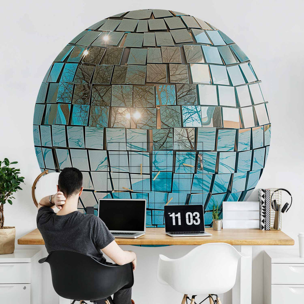 Sky Blue Disco Ball 3D Round Wall Mural