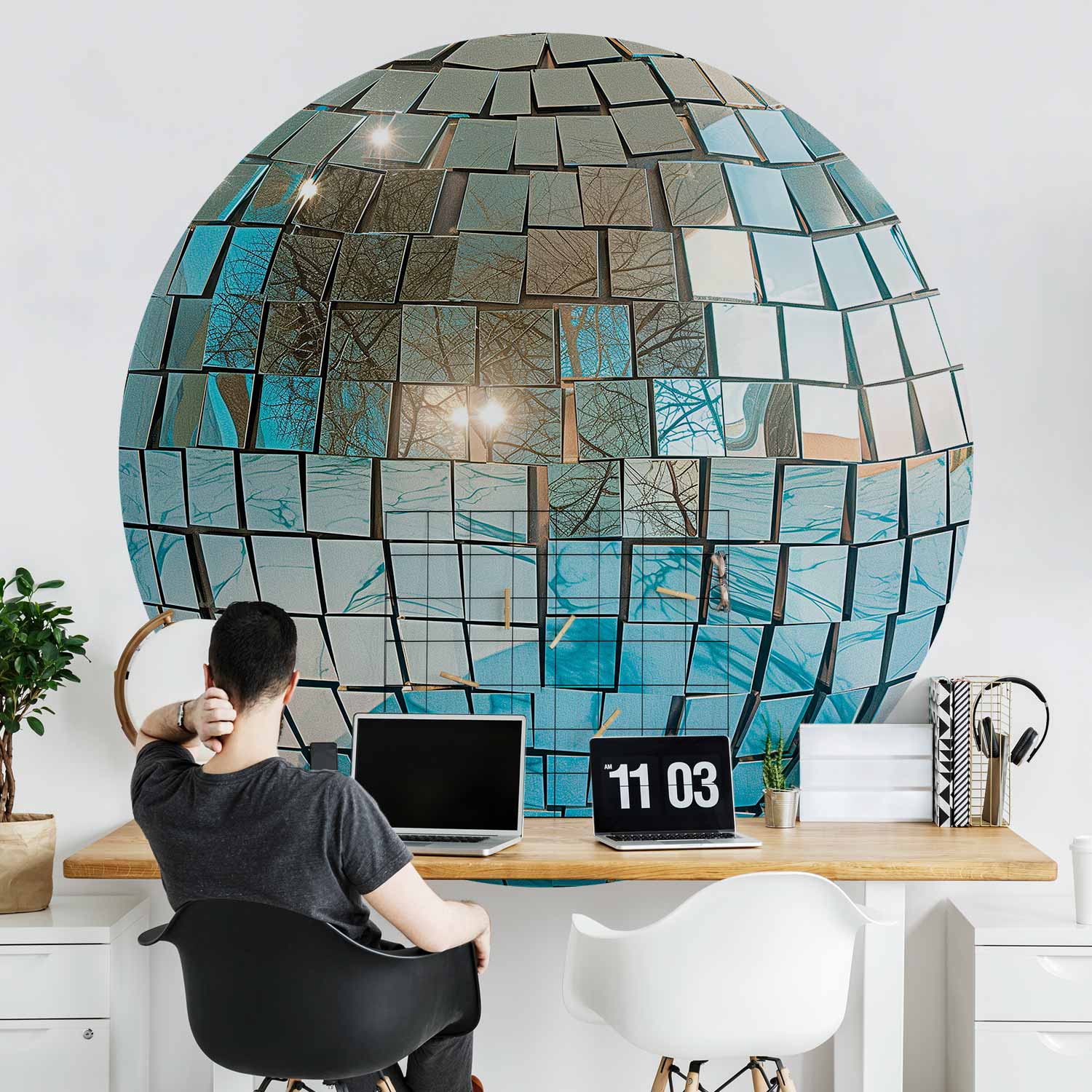 Sky Blue Disco Ball 3D Round Wall Mural