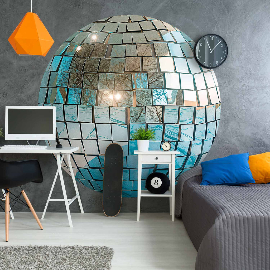 Sky Blue Disco Ball 3D Round Wall Mural