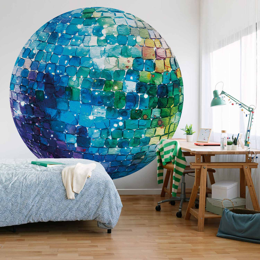 Turquoise Disco Ball Shimmer Round Wall Mural