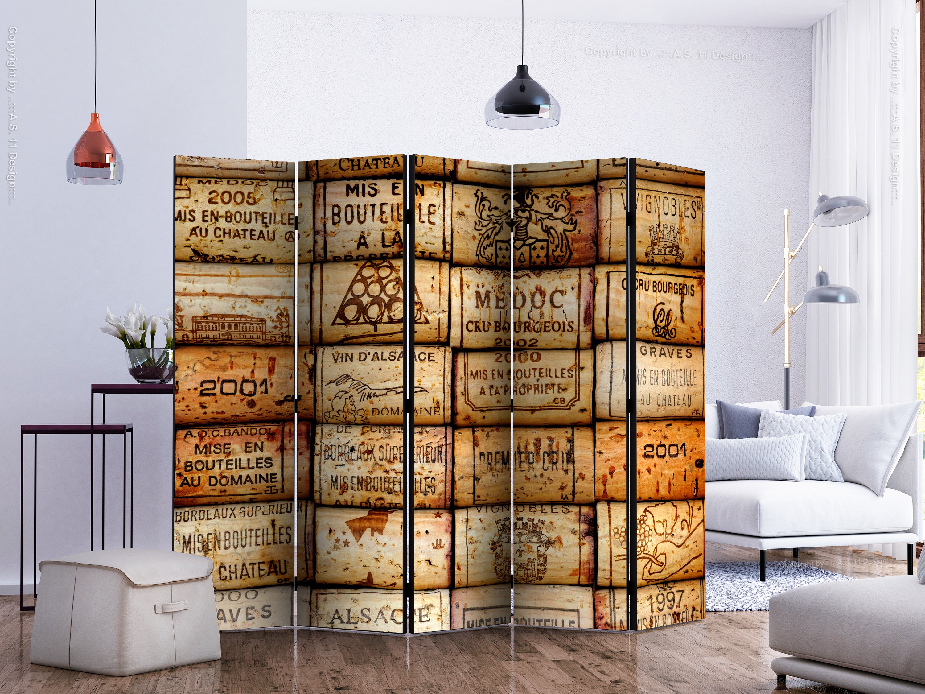 Vintage Wine Label 5-Panel Room Divider