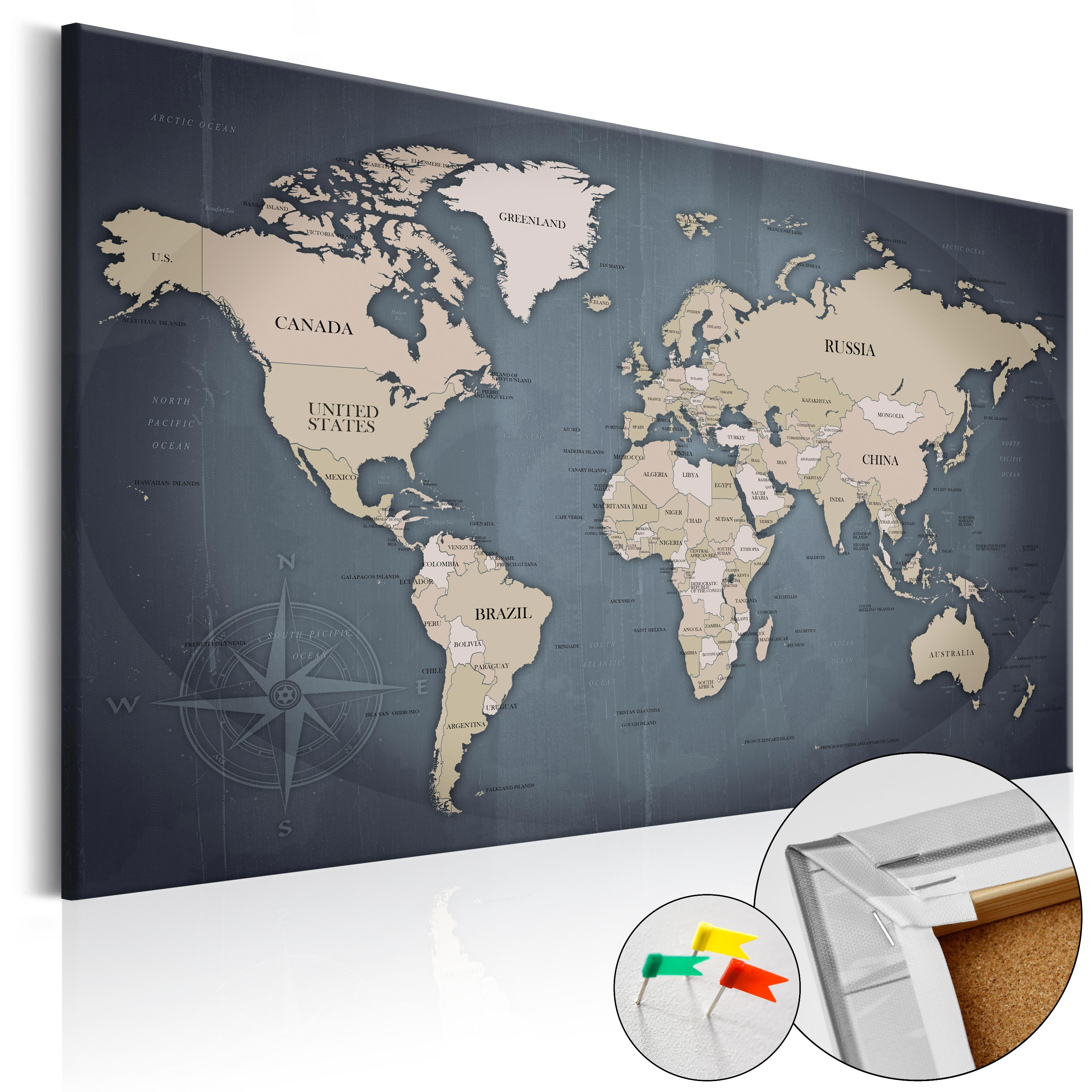 Grey World Map Compass Decorative Pinboard