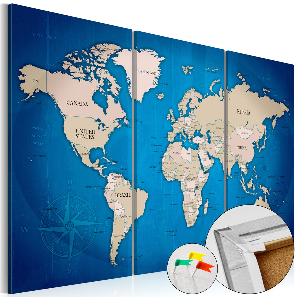 Blue Ink World Map Compass Decorative Pinboard