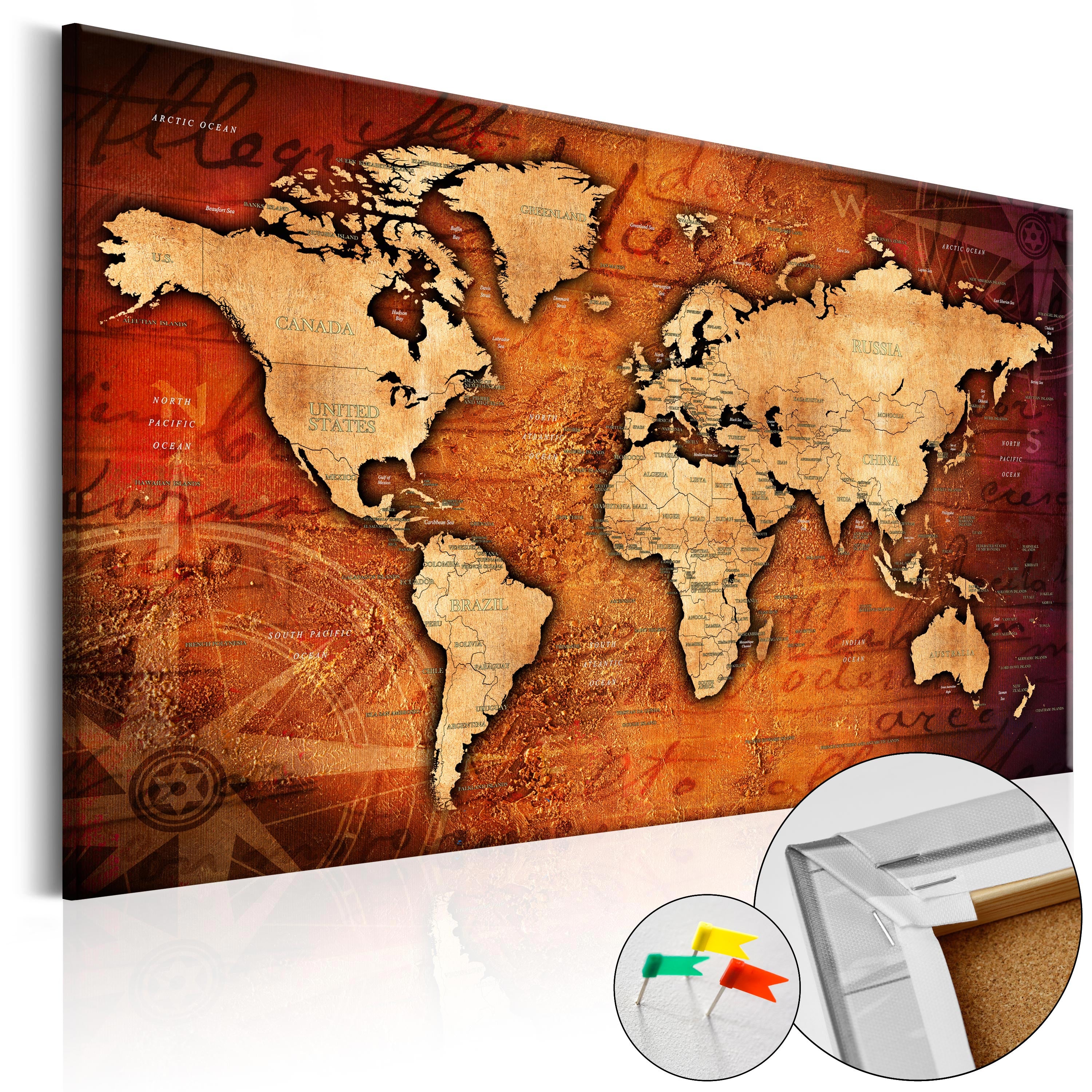 Amber World Map Retro Decorative Pinboard