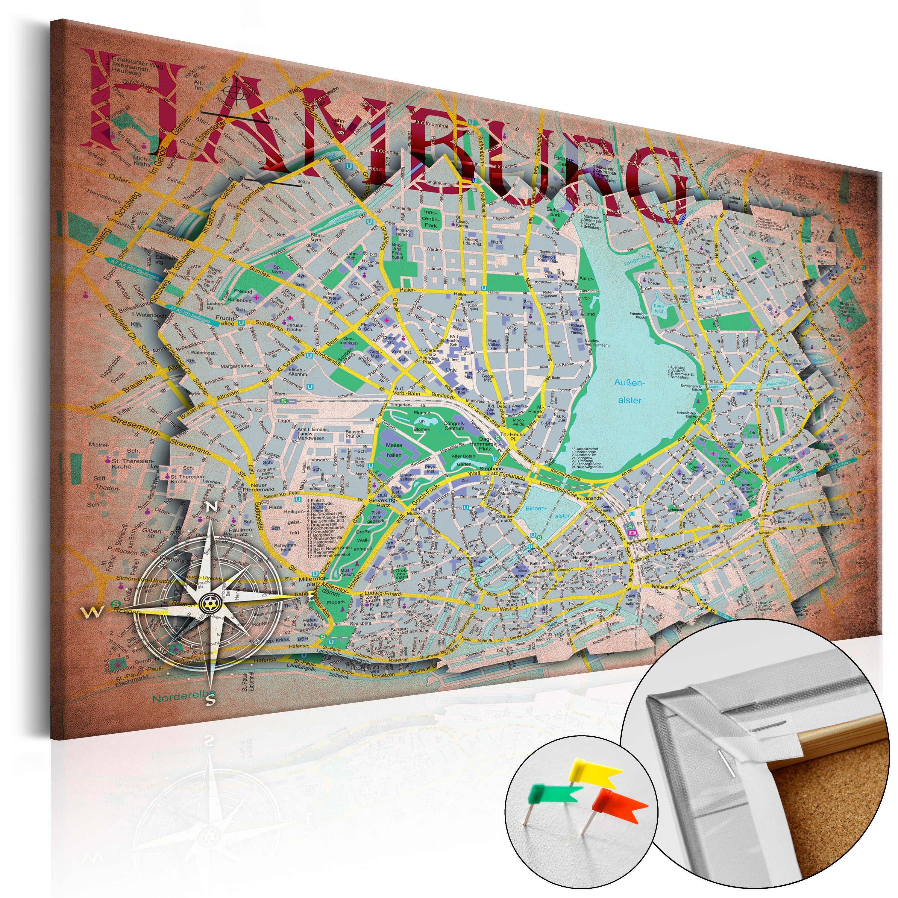 Hamburg City Map Decorative Pinboard