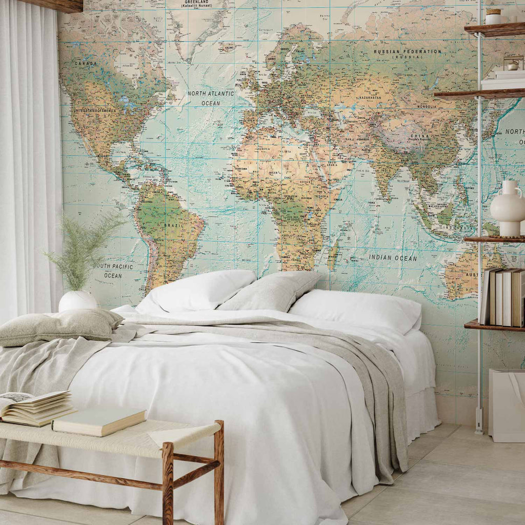 Geometric Continents Map Blue Green Wall Mural