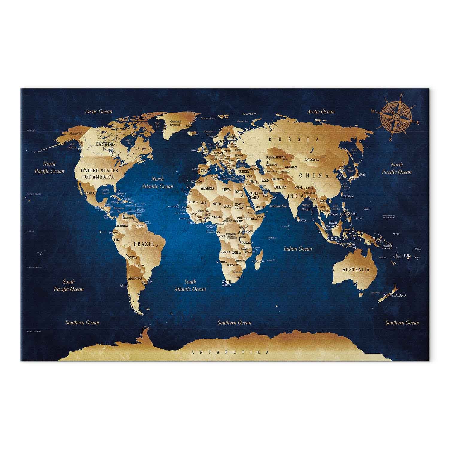 Dark Blue World Map Canvas Print