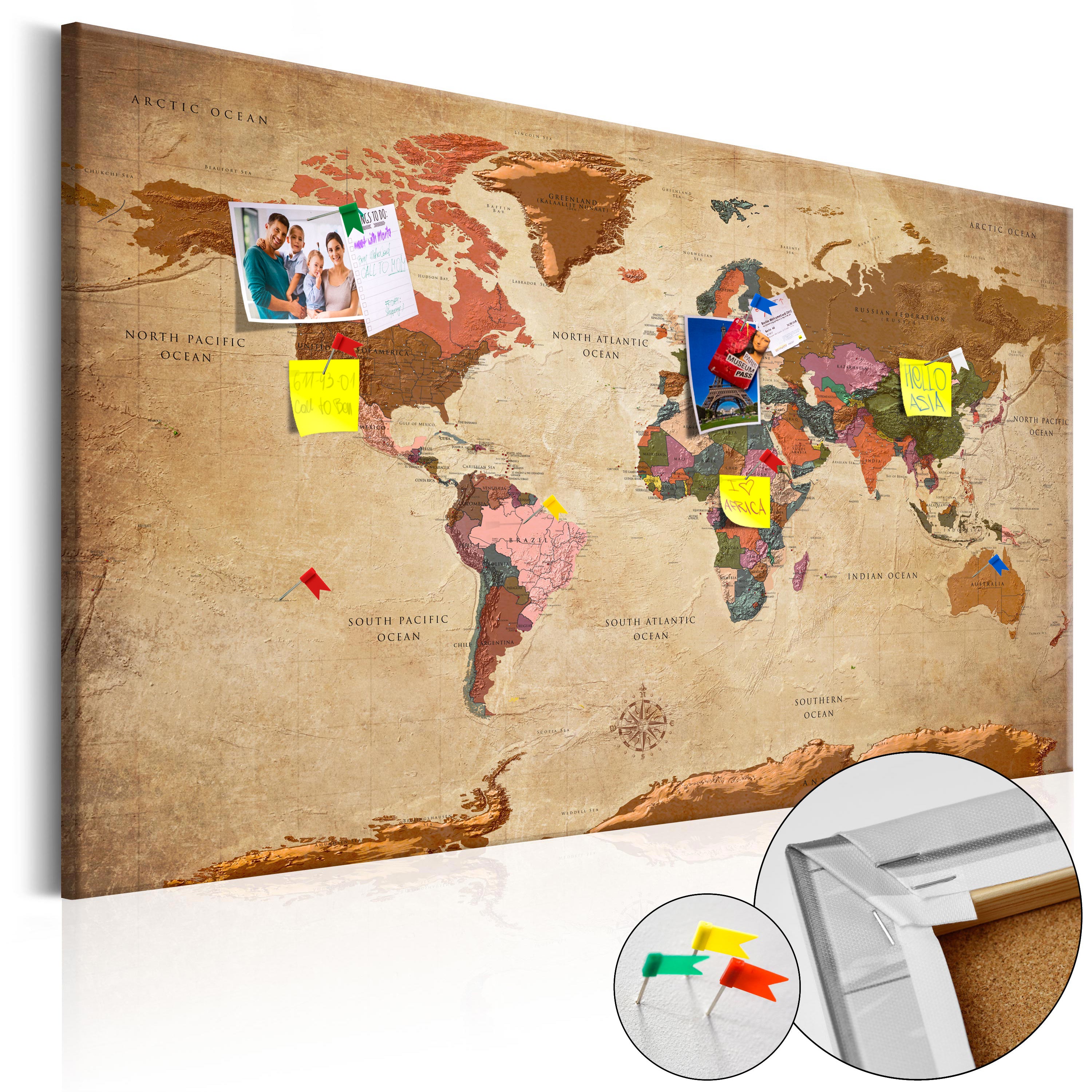 Brown World Map Decorative Pinboard
