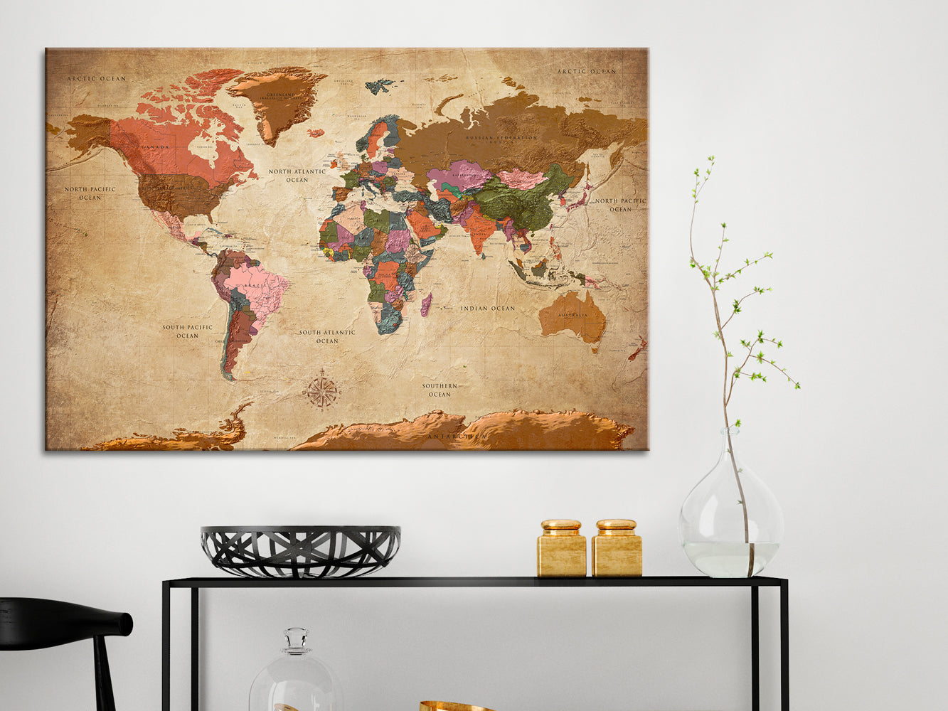 Brown World Map Decorative Pinboard
