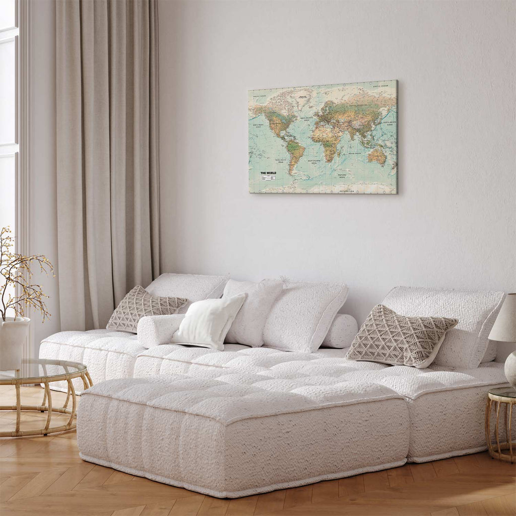 Geometric World Map Blue Green Canvas Print