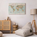 Geometric World Map Blue Green Canvas Print