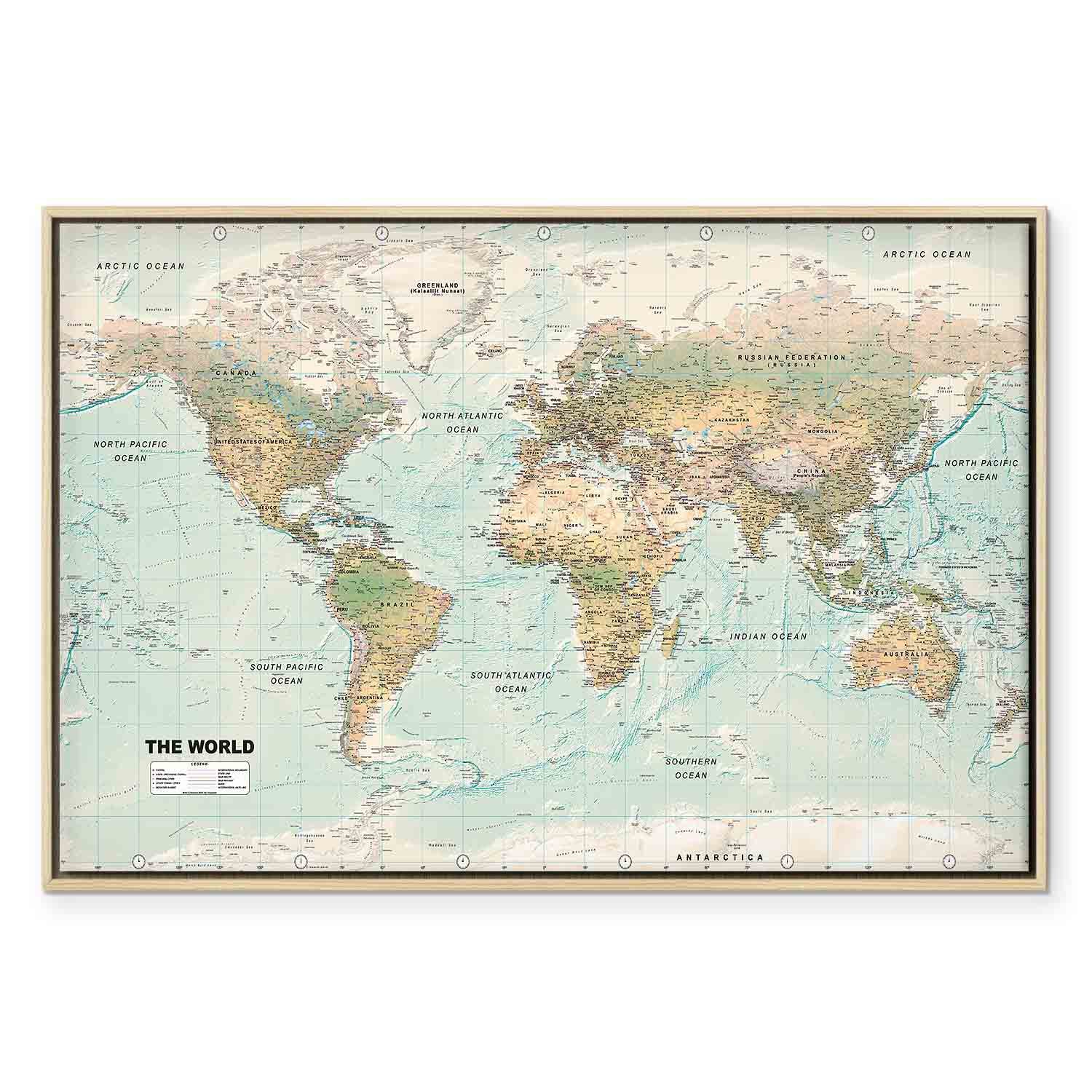 Geometric World Map Blue Green Canvas Print
